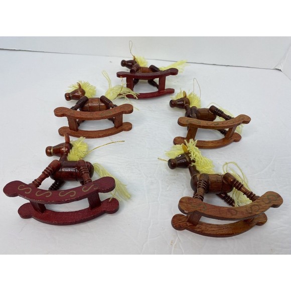 🐎 Set Of 5-Vintage Wooden Toy ORNAMENTS Rocking Horses Yarn Mane & Tail - Picture 14 of 14
